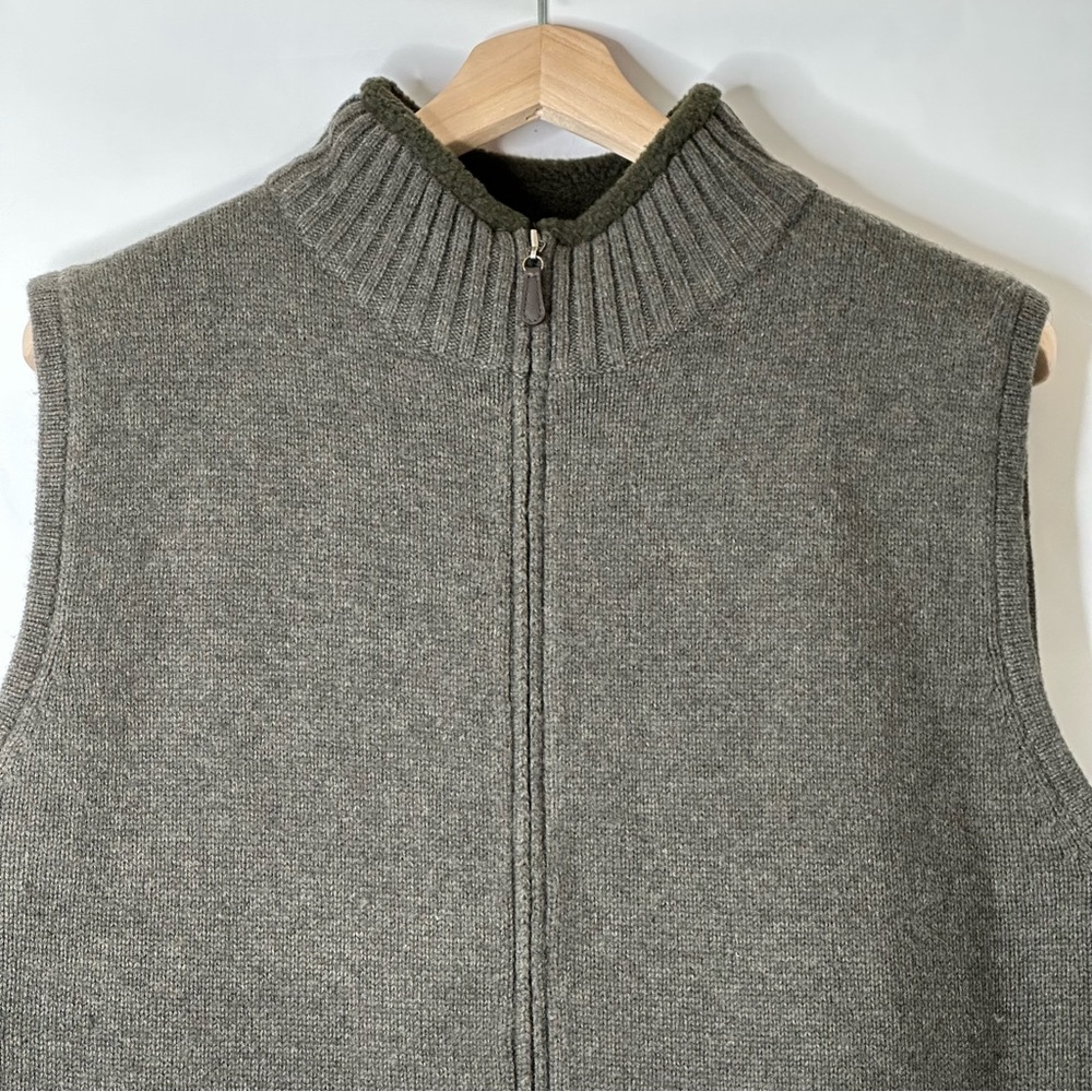 VTG L.L Bean Lambswool Blend Men's Olive Zip Up Sweater Vest Fleece Lined Sz L - Picture 7 of 11